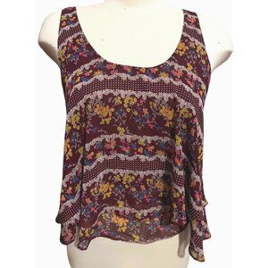 Soprano Floral Maroon Cropped Blouse Sz Large Womens Sleeveless